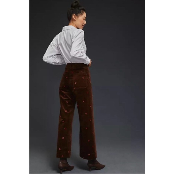 Anthropologie Maeve Colette Brown Corduroy Horseshoe Embroidered Pants Cord 27 - Picture 3 of 4